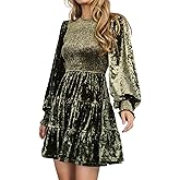 R.Vivimos Women's Fall Winter Crushed Velvet Dress Long Sleeve Crew Neck Elastic Smocked A-Line Tiered Ruffle Mini Dress