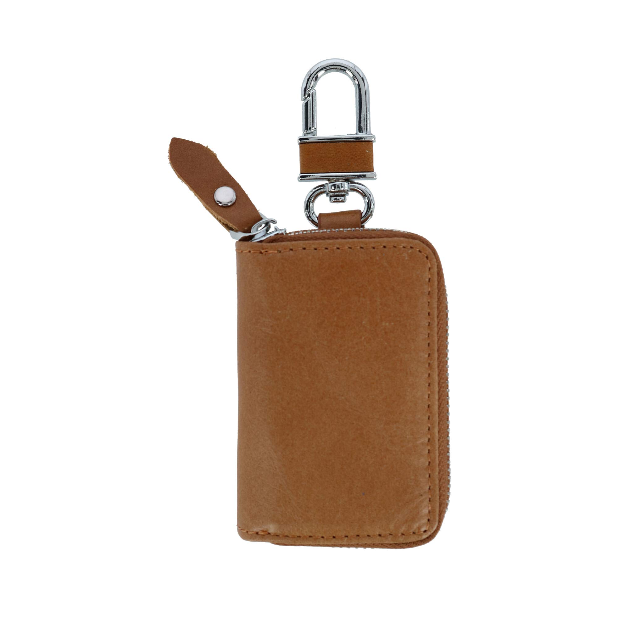 CTM Leather Zip-Around Key Fob Holder on Key Ring, Tan