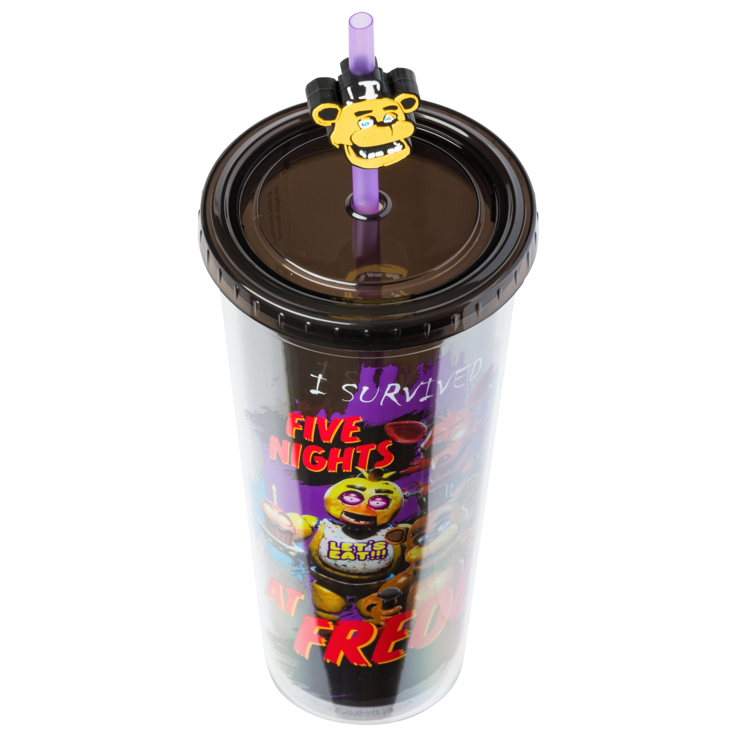 Silver Buffalo Five Nights at Freddy's Plastic Cold Cup with Lid and Straw Topper Featuring Freddy Fazbear, Foxy, Chica, and Bonnie, 24 Ounces