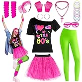 Mukum 80s Costume Set for Women 80s Outfit Accessories Set Off Shoulder Pink T Shirt Leggings Bracelets Hairband Fishnet Gloves Beaded Necklace for Hollowen Party-L