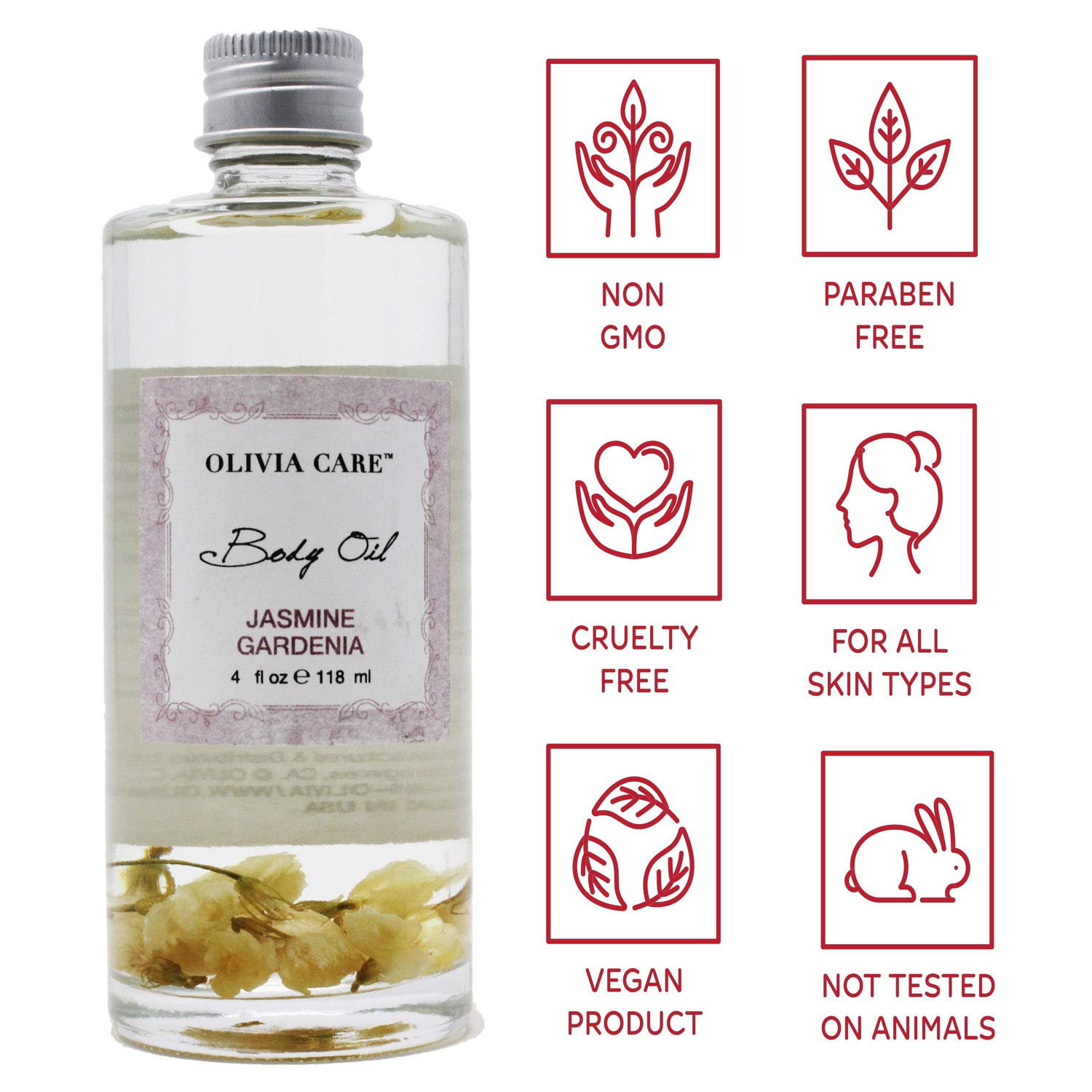Jasmine Gardenia Body Oil By Olivia Care - Vegan & Natural - Hydrate & Moisturize. Infused with VITAMIN E, K & Omega Fatty Acids - Refreshing Fragrance - Reduce Dry Skin, Anti-Aging Properties - 4 OZ : Beauty