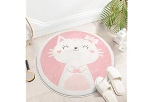 LIKOYO Kids Rug, 2 Ft Round Rug Washable Area Rugs Cute Circle Rug Play Mat Non Slip Pink Cat Rug Carpet Nursery Rug for Baby Boys Girls Toddlers Soft Rugs for Bedroom Playroom Bathroom Classroom Entryway