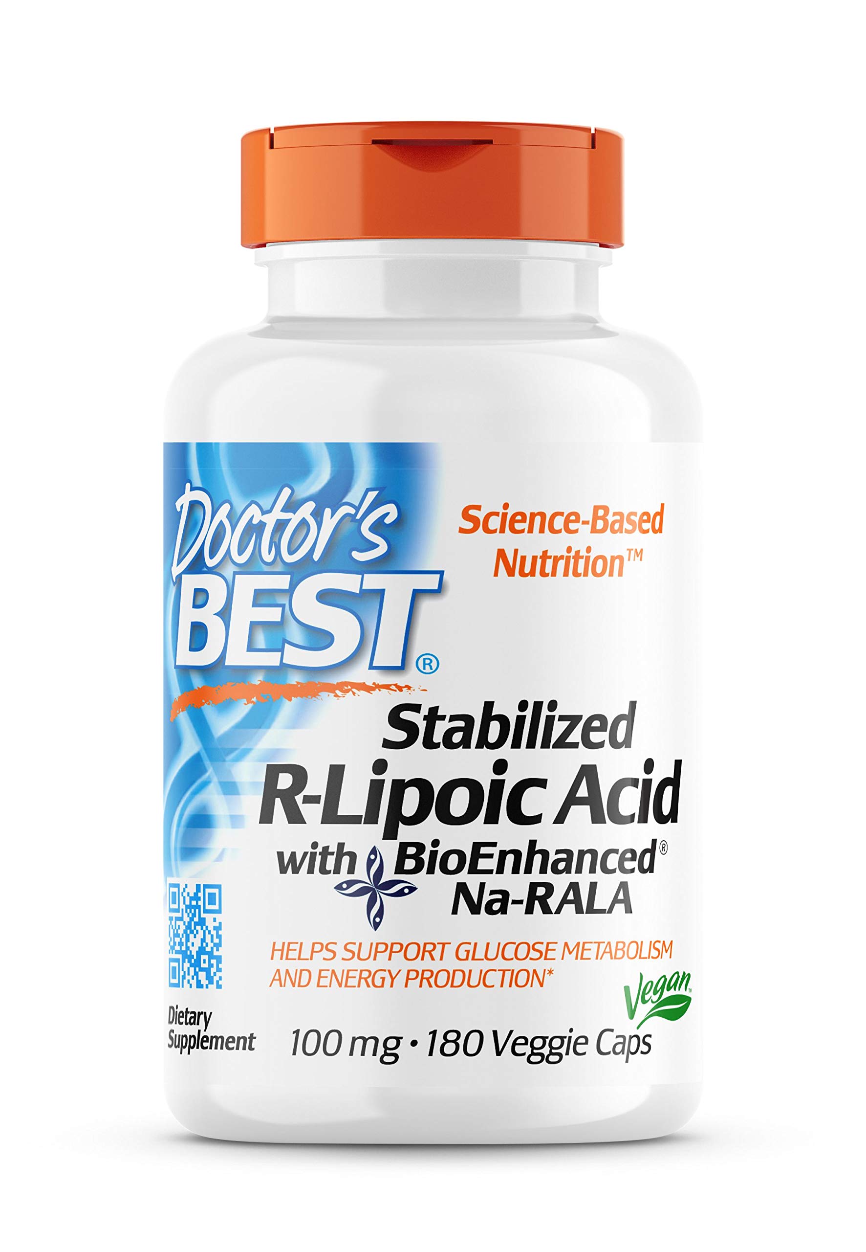 Doctor’s Best Stabilized R-Lipoic Acid with BioEnhanced Na-RALA, Non-GMO, Gluten Free, Vegan, Helps Maintain Blood Sugar Levels, 100 mg 180 Veggie Caps
