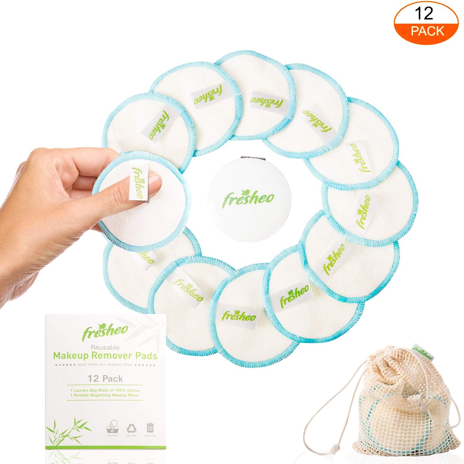 Reusable Makeup Remover Pads 12 Pack With 10x Magnifying Beauty Mirror – Reusable Organic Bamboo – Face Cleaner and Eye…