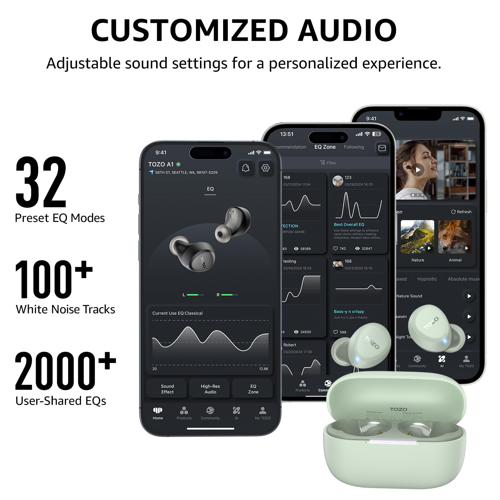 TOZO A1 Wireless Earbuds Bluetooth 5.3 Light Weight in Ear IPX5 Waterproof Headphones 2 Mic for AI Calls, Immersive Premium Sound Bass Headset with Charging Case, 32 Presets EQ Customization via App