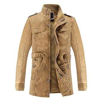 Geili Herren Lederjacke Bikerjacke Übergangsjacke mit Stehkragen Vintage Reißverschluss Knopf Gürtel Bomberjacke für Männer K