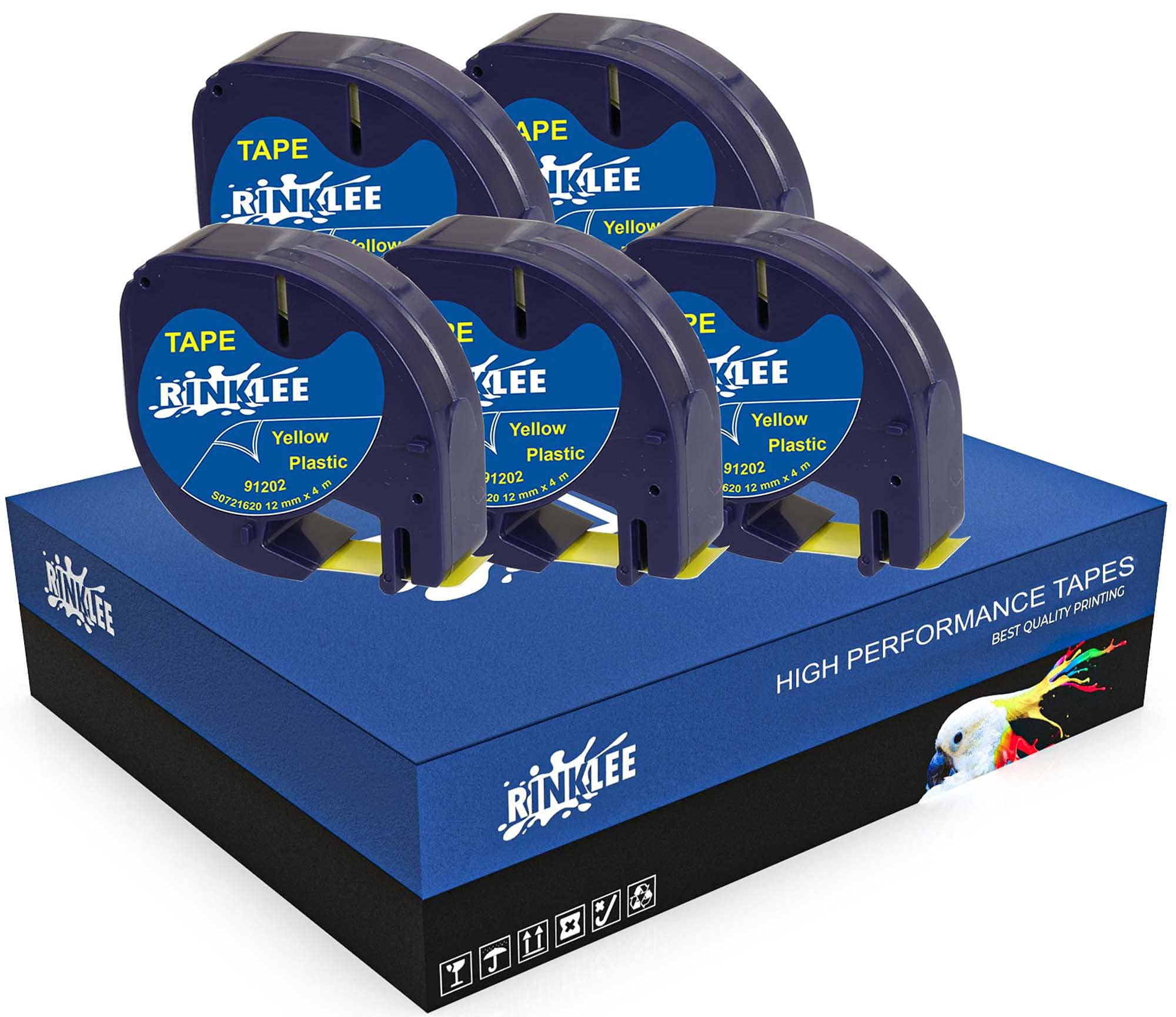 RINKLEE Black on Yellow Plastic Label Tape Compatible with LetraTag LT-100H LT-100T LT-110T QX50 XR XM 2000 Plus | 12 mm x 4 m | 5-Pack