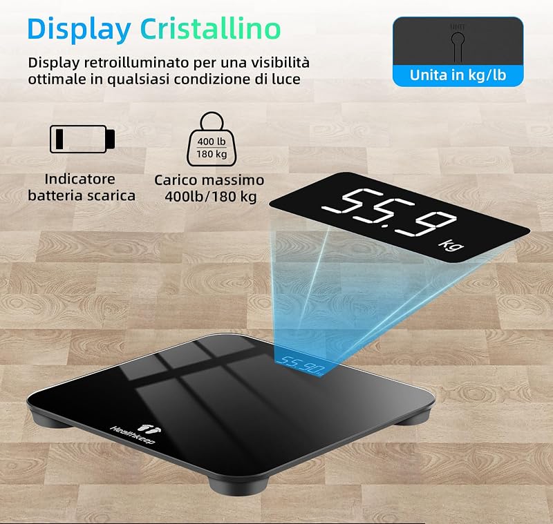 Bilancia corpo con sensori ad alta precisione: bilancia pesapersone digitale in vetro di sicurezza, nero