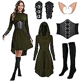 5 Pcs Women Renaissance Elf Costume Hooded Robe Lace Up Medieval Fairy Dress Suitable for Halloween Cosplay