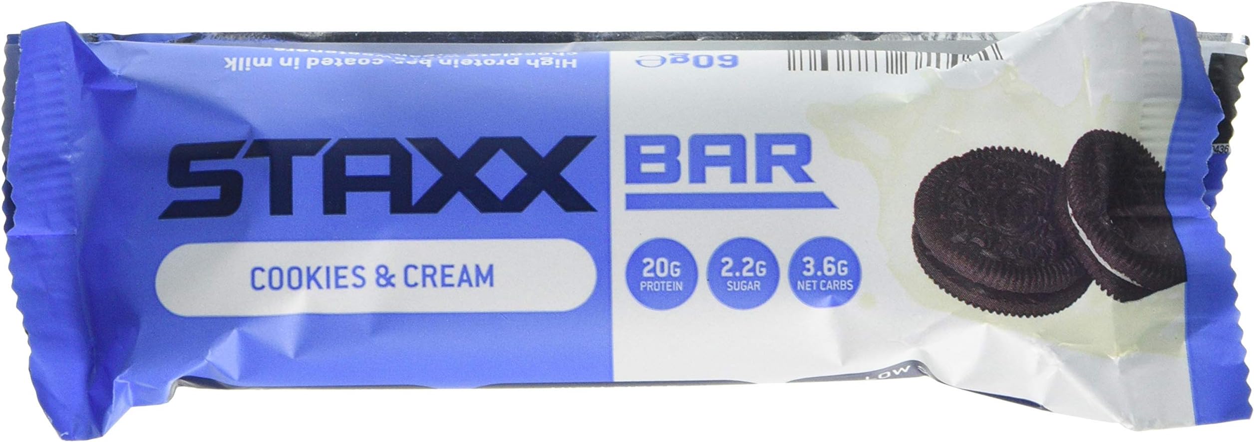 STAXX BAR Cookies and Cream Low Carb High Protein Bar, 60 g, Pack of 12