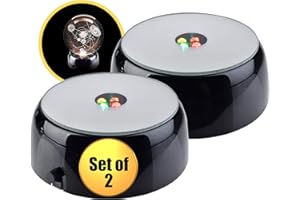 ASENTE 4 LED Crystal Round Display Base w/ Mirror Top - Lighted Stand for Crystal Art - Color-Changing 3 Inch LED Light Base - Battery Operated LED Display Stand for 3D Crystal - Black, Set of 2