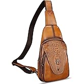 FEIGITOR Genuine Leather Sling Bag Embossed Crocodile Pattern Leather Crossbody Sling Backpack Handmade Chest Purse Daypack (Brown)