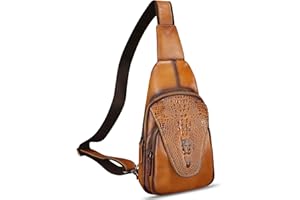 FEIGITOR Genuine Leather Sling Bag Embossed Crocodile Pattern Leather Crossbody Sling Backpack Handmade Chest Purse Daypack (Brown)