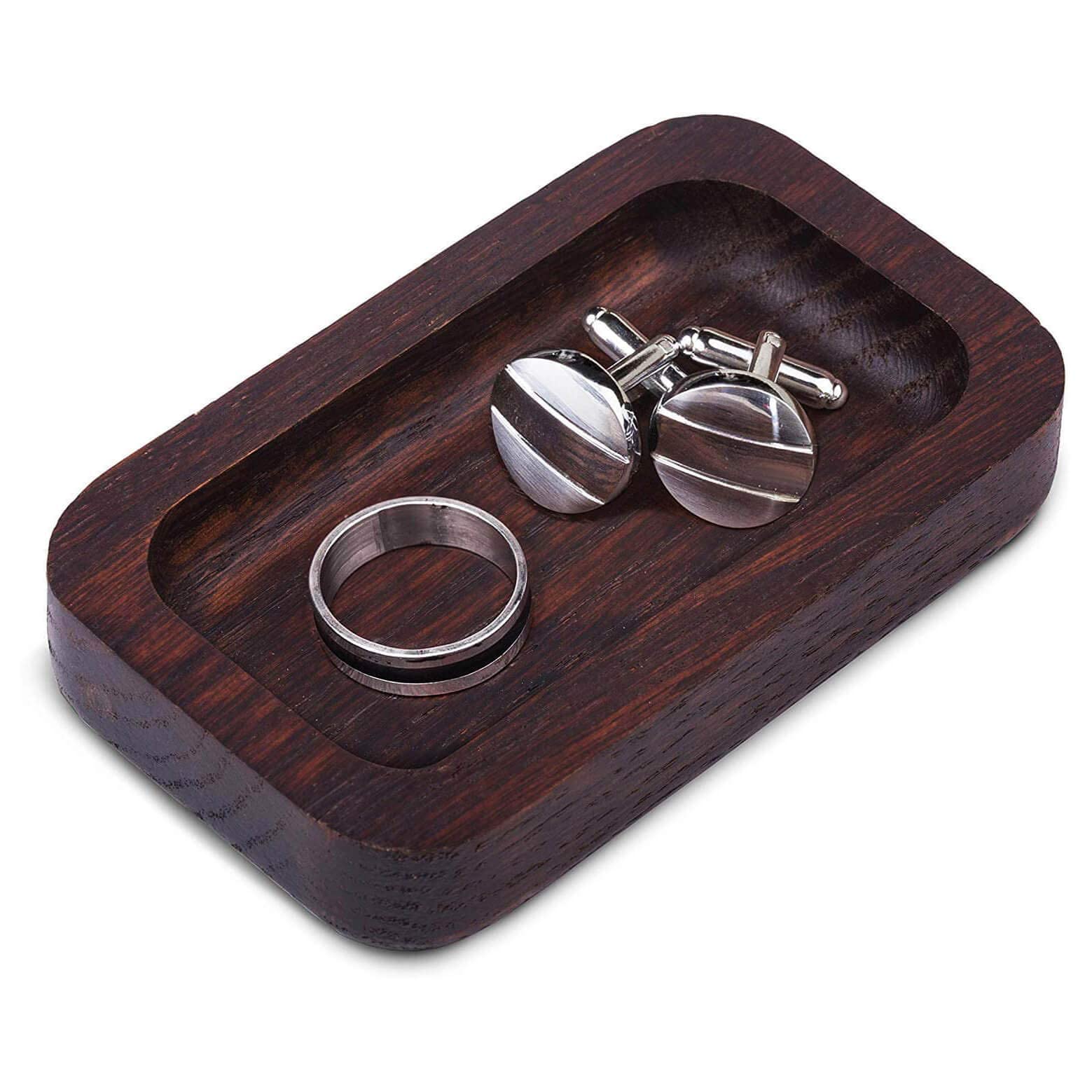 Prazoli Men's Ring Holder - Wooden Ring Dish & Tray for Nightstand for Him, Small Trinket Dish