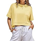 Fisoew Womens Oversized Crop Tops Workout Short Sleeve T Shirts Summer Casual Loose Fit Basic Tee Shirts with Pockets