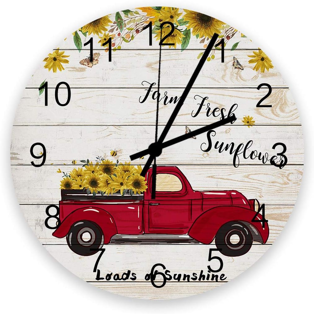 Wooden Round Wall Clock 12'' Silent Battery Operated Non Ticking Clock, Red Pickup Truck Full of Sunflowers on The Retro Wood Board Noiseless Office Kitchen Bedroom Wall Clock Home Decor