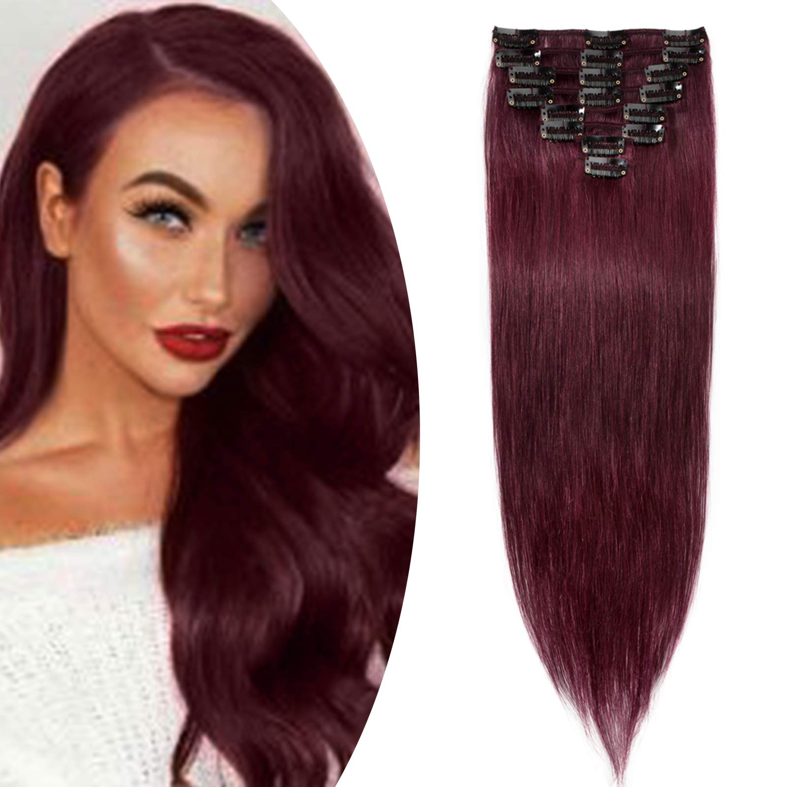 14" SEGO Clip in Hair Extensions Real Human Hair [#99J Wine Red] 8PCS Remy Hairpieces for Women Straight Thin Type (60g)