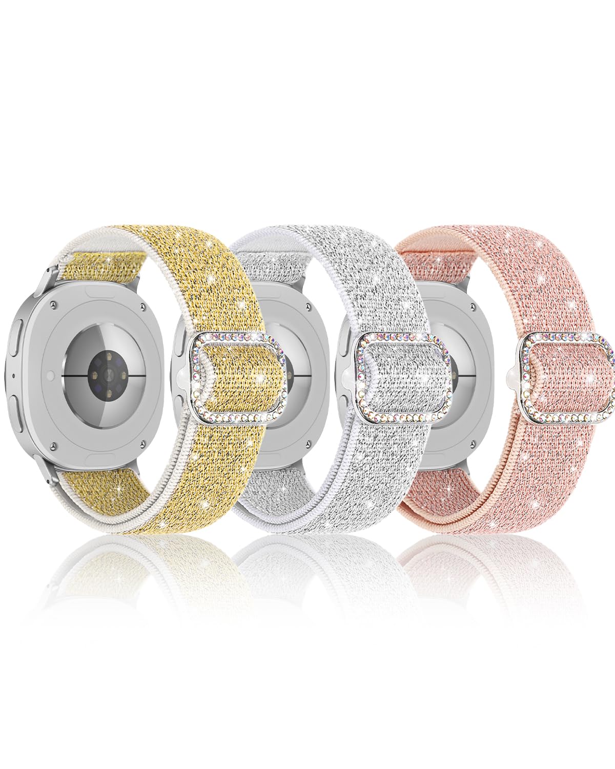 Bling Stretchy Nylon Band Compatible with Samsung Galaxy Watch 8 Band 40mm 44mm/Galaxy Watch 8 Classic Bands 46mm, Soft Sparkly Elastic Solo Loop Straps for for Samsung Watch 8/8 Classic 2025 Women (Pink+Goldenwhite+Silverwhite)