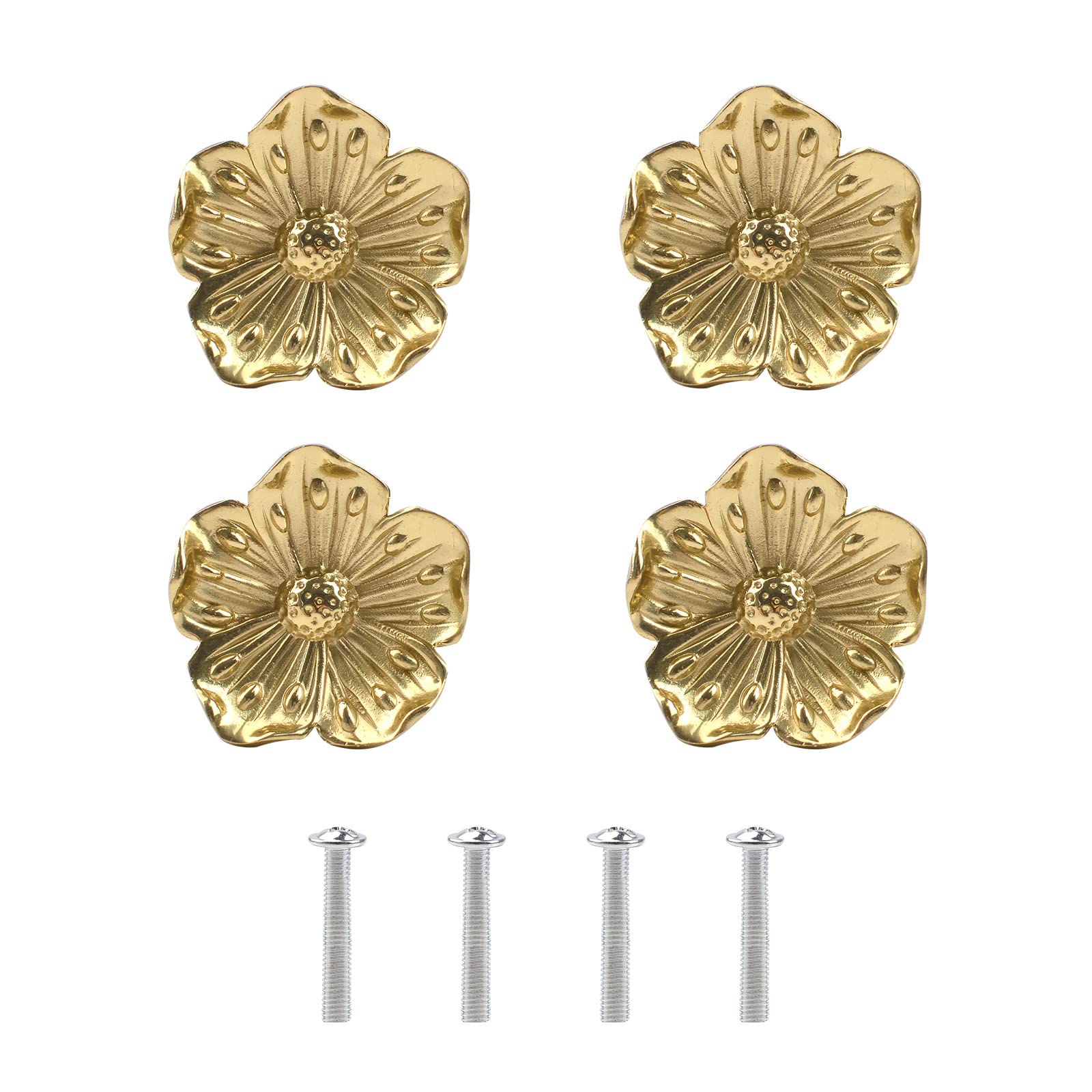 UFURMATE Cabinet Knobs, 4Pcs Decorative Golden Flower Shape Knob Brass Cabinet Pull Handles Single Hole Drawer Knobs for Dresser Cupboard Wardrobe