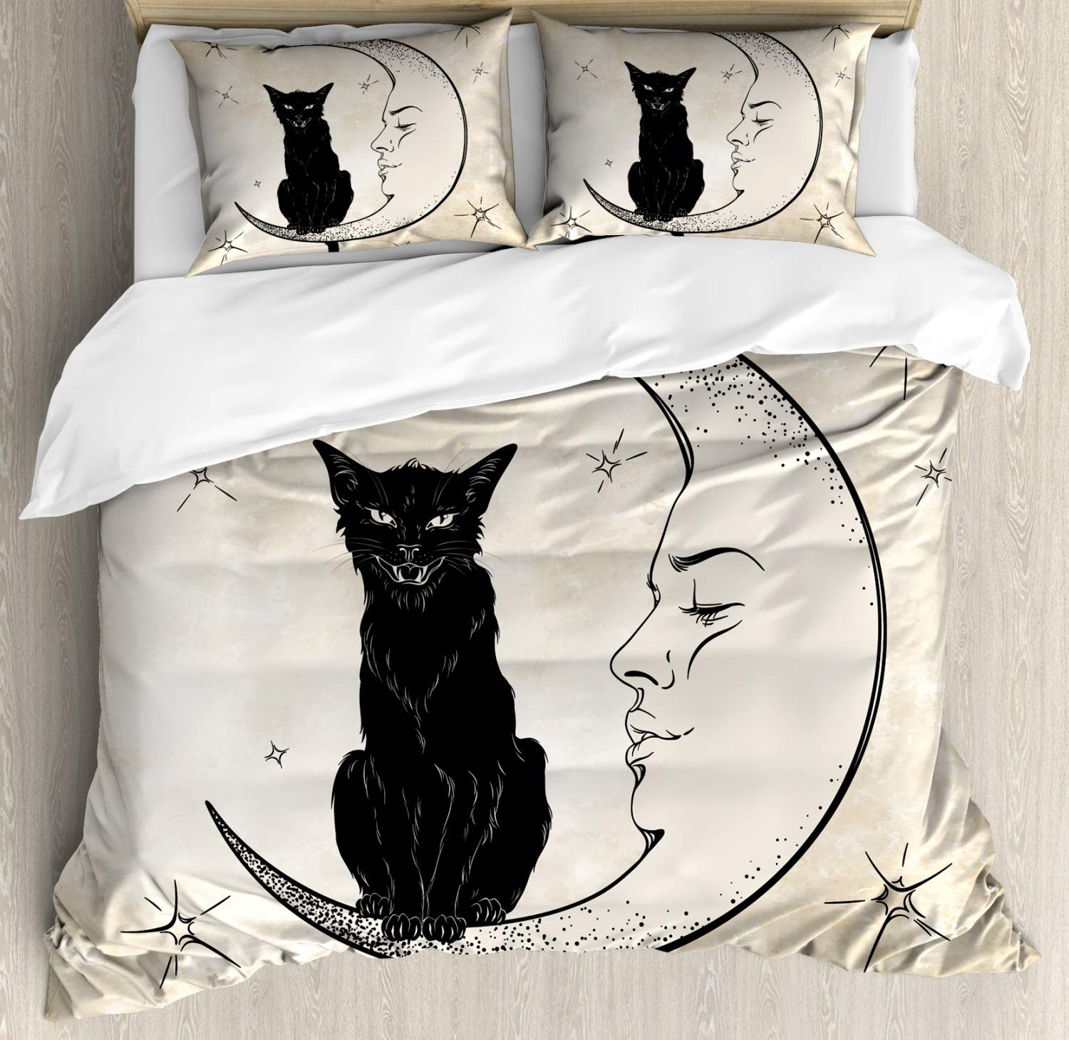 Ambesonne Moon Duvet Cover Set, Black Cat Sitting on White Crescent Moon Contrasting Facial Expressions Feline, Decorative 3 Piece Bedding Set with 2 Pillow Shams, Queen Size, Sand Black