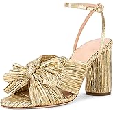 MICIFA Gold Bow Heels for Women, Ankle Strap Block Chunky Heels Open Toe Bow Knot Heeled Sandals Bride Wedding Shoes
