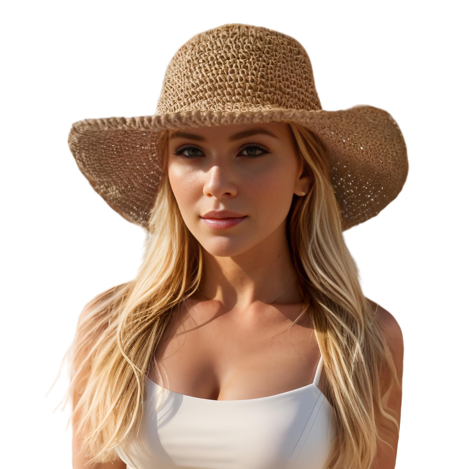 Photo 1 of Womens Sun Hats Wide Brim Summer Beach Hat for Women Foldable Travel Fedora Handmade Crochet Straw Hat Packable UPF50+, Khaki