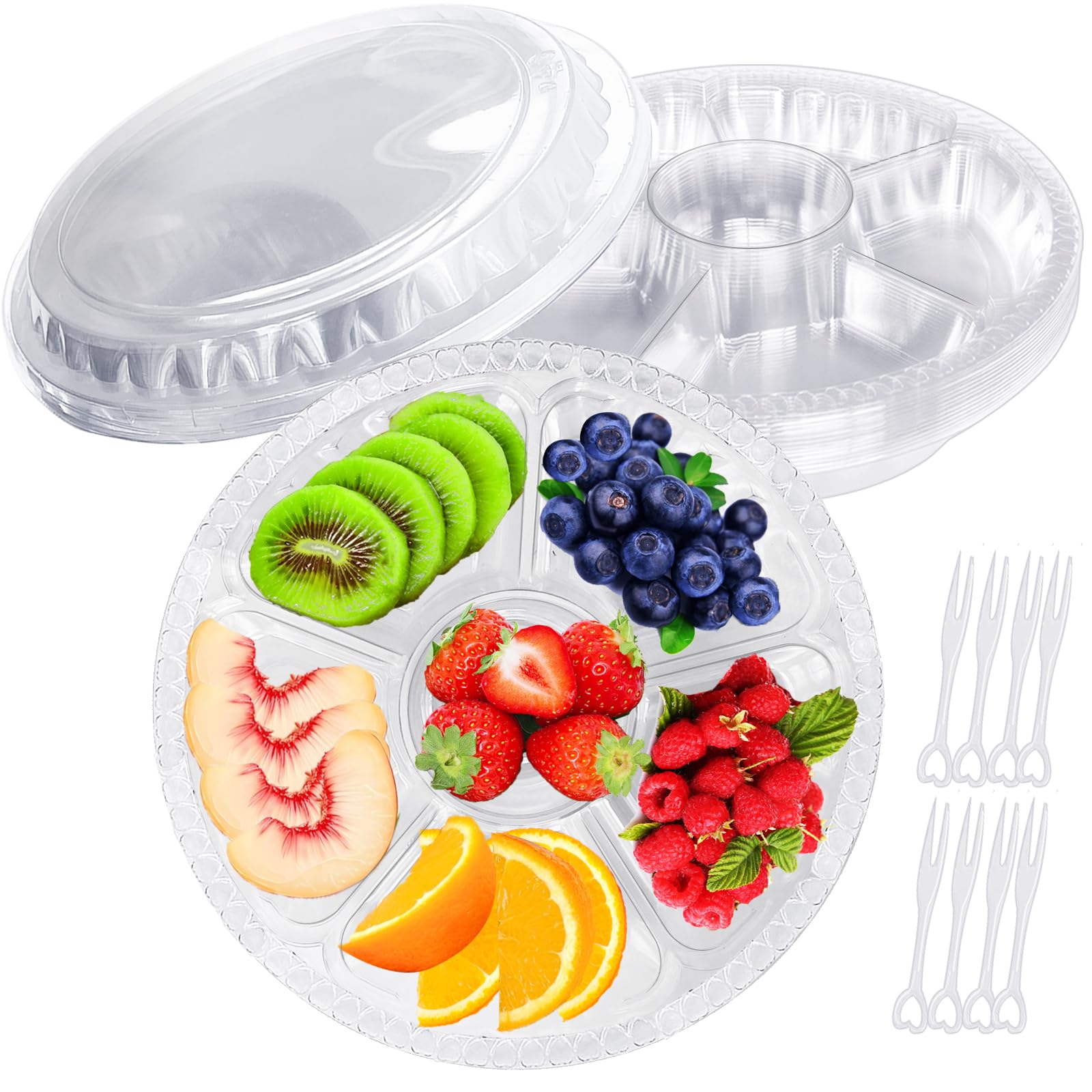 Photo 1 of 12 Pack Plastic Appetizer Trays with Lids,6 Compartment Serving Platters Tray with 100 Pcs Forks,Disposable 10 Inch Clear Round Fruit Storage Container for Snack,Food,Vegetable,Party Buffet Favors