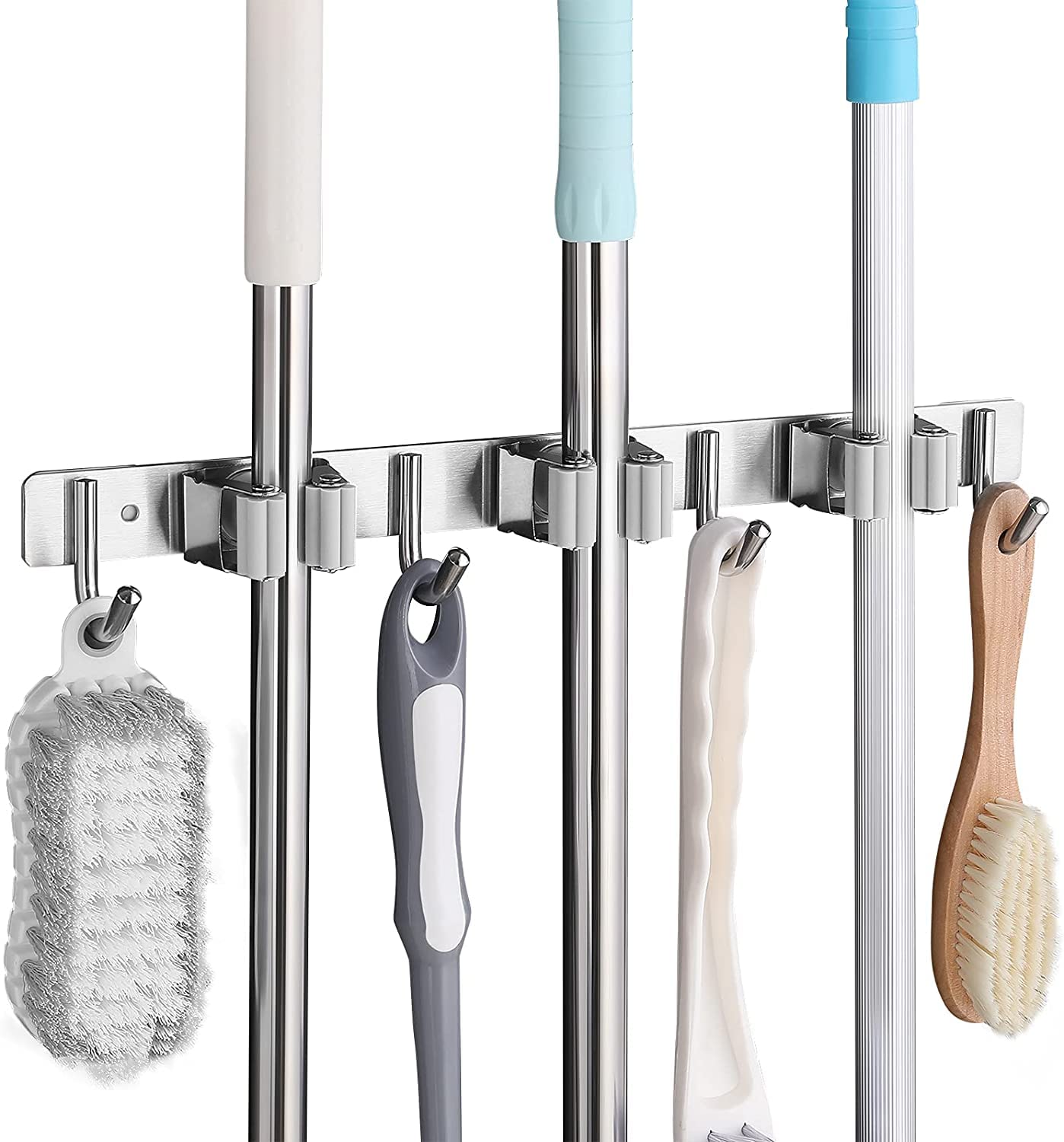 SHYOSUCCE Broom Mop Holder, Stainless Steel Broom Storage with 3 Racks and 4 Hooks, Wall Mounted Organizer for Kitchen, Bathroom, Garage and Garden, Gray