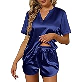 Ekouaer Silk Pajamas for Women Short Sleeve Satin Sleepwear Two-piece Pjs Set Soft V Neck Loungewear,S-XXL