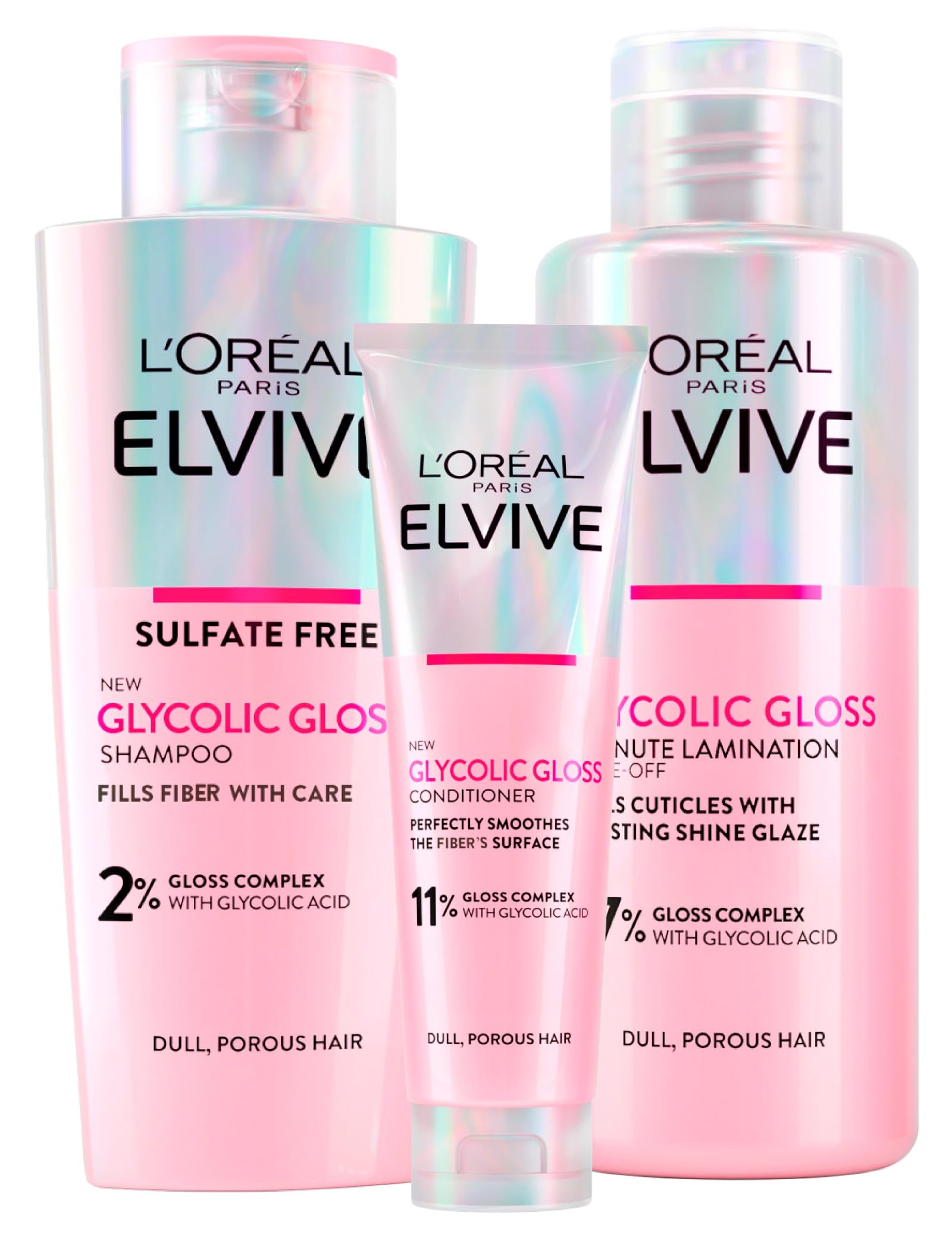 L'Oréal Paris Elvive Glycolic Gloss Conditioner 150ml + Shampoo 200ml + Lamination Treatment 5 Minutes 200ml Set for Dull and Porous Hair Intense and Long-Lasting Shine - 3 Bottles