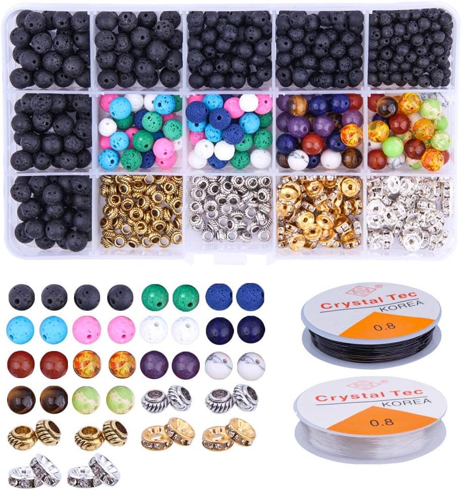 Dushi Lava Beads Essential Oils Bracelet Chakra Beads Bulk Necklace Kit Stone Beads Assorted Bracelet Set for Jewelry Making (Total 600 pcs) (Lava Rock Beads)