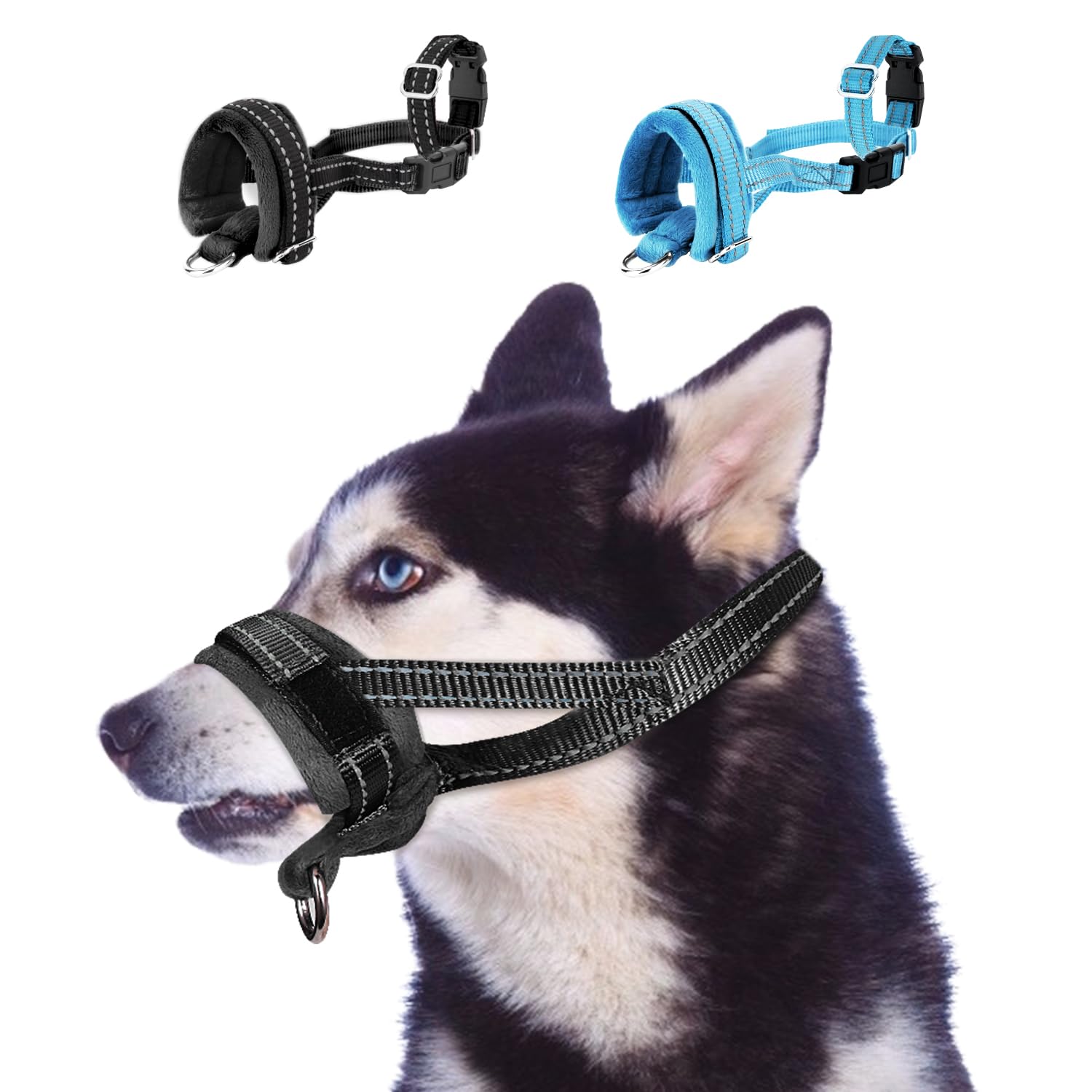 Eyein Soft Nylon Dog Muzzle - Adjustable Reflective Dog Mouth Cover with Connection Strap Prevents Biting Barking - Allows Panting Drinking Dog Mask Pet Muzzles for Small Medium Large Dogs(Black,XL)