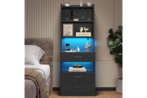VIAGDO Tall Nightstand with Charging Station and LED Lights, Large Black Night Stand with Bookshelf, Modern LED Bedside Table with 3 Drawers and Storage Shelves, End Side Table for Bedrooms, Dorms