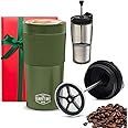 Travel French Press Mug (15oz) - Stainless Steel & Double Wall Vacuum Army Green Coffee Maker – Single Serve French Press for Travel, Home, Office, & More - Tea Press Tumbler