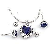 Exquisite Heart Diamond Natural Sapphire Necklace and Earring SET for women 3.5carat Diamond Jewelry Love Heart Shaped Pendant Necklace 18inch Stud Sapphire Stud Screw Back Earrings HANDMADE Valentine