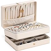 MODENGKONGJIAN Jewelry Organizer Box, 2-Layer Large Jewelry Storage Case, Portable Travel Jewelrys Display Holder for Earrings, Necklaces, Bracelets (Beige, PU Leather)