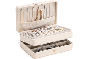 MODENGKONGJIAN Jewelry Organizer Box, 2-Layer Large Jewelry Storage Case, Portable Travel Jewelrys Display Holder for Earrings, Necklaces, Bracelets (Beige, PU Leather)