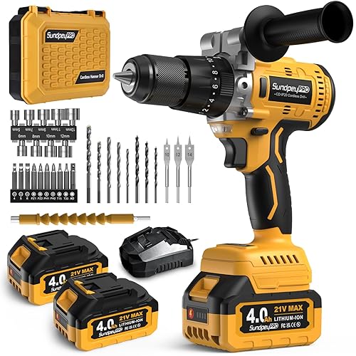 SundpeyPRO Hammer Drill Cordless 21V - 120N·m Brushless Drill Driver Set with 2 x 4.0Ah Battery - 20+3 Torque Power Drills 2150RPM Electric Drills with 1/2" Drillbit Chuck & Charging Dock for Home DIY