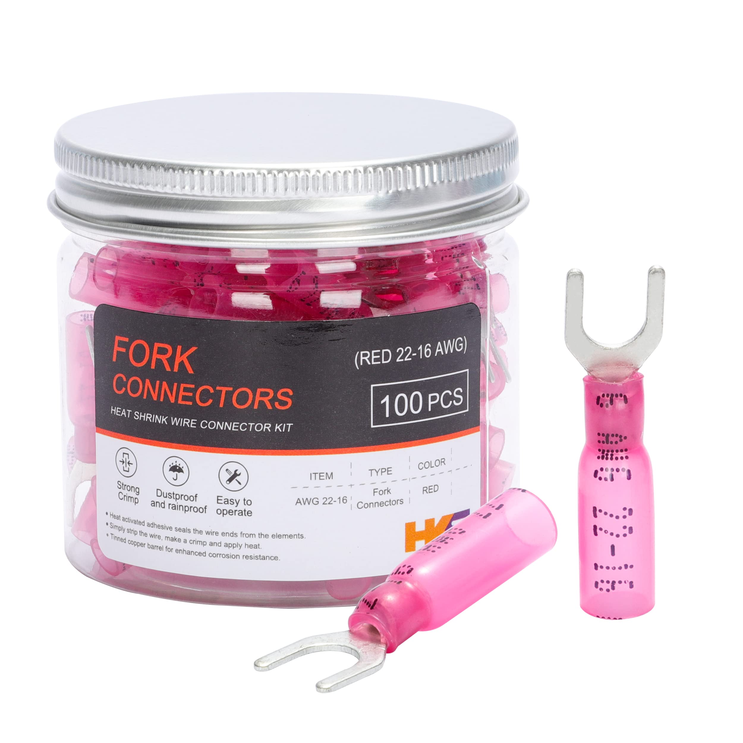 Photo 1 of HKS 100PCS Fork Connector #10 Red 22-16 Gauge - Heat Shrink Spade Fork Wire Connectors Kit - Tinned Red Copper - Automotive Marine Crimp Connectors - Waterproof and Insulated Terminals