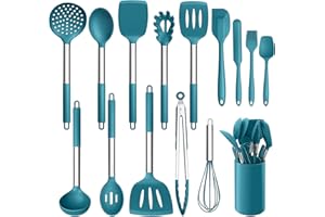 LIANYU 15-Piece Kitchen Cooking Utensils Set with Holder, Silicone Kitchen Tools Stainless Steel Handle, Slotted Spatula Spoo