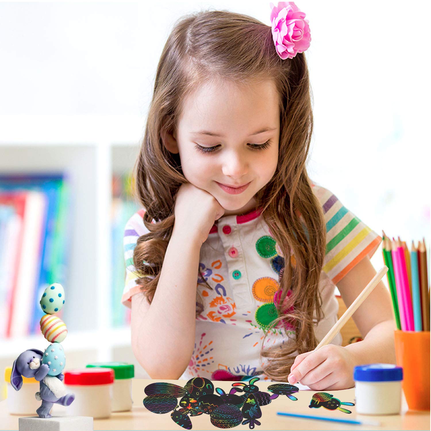 SOFUN 108 Pieces Easter Scratch Paper Ornaments with 12 Styles Easter Scratch Art Paper for Kids 48PCS Scratch Cards for Easter Party 12 Wooden Styluses 48PCS Colorful Ribbons for Birthday Party