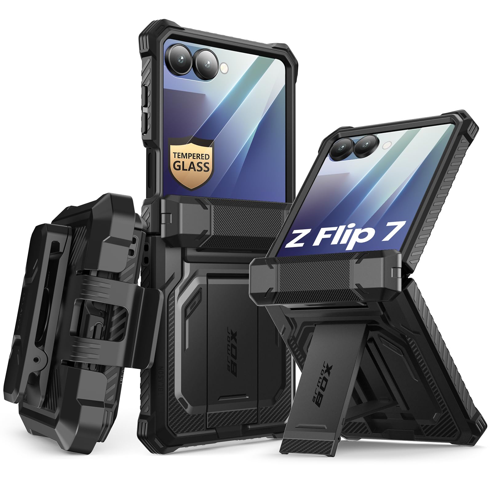 Photo 1 of i-Blason for Samsung Galaxy Z Flip 7 Case with Stand [Front Tempered Glass Screen Protector] [Hinge Protection] [Belt-Clip] Full-Body Military Protection Case for Samsung Z Flip 7 Armorbox, Black