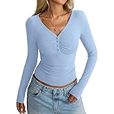 EasyGala Women Cotton Long Sleeve Henley Shirts V Neck Front Ruched Tops Sexy Low Cut Fitted T-Shirt Trendy Fall 2025