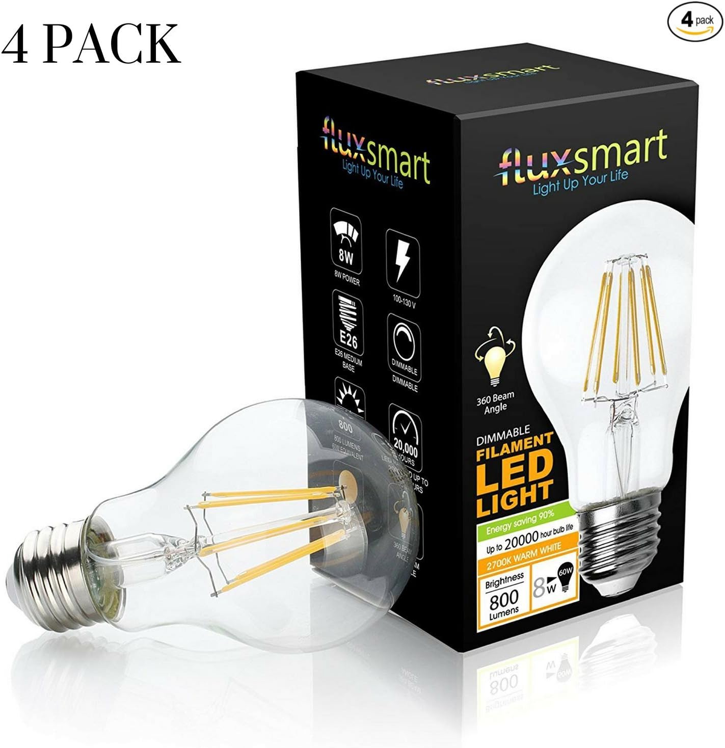 FluxSmart Dimmable Vintage Edison Style LED Filament Light Bulb 8W, Antique Style, 2700K Warm White, 800 Lumen, E26 Base A19 Lamp, 60W Incandescent Bulb Equivalent - Pack of 4