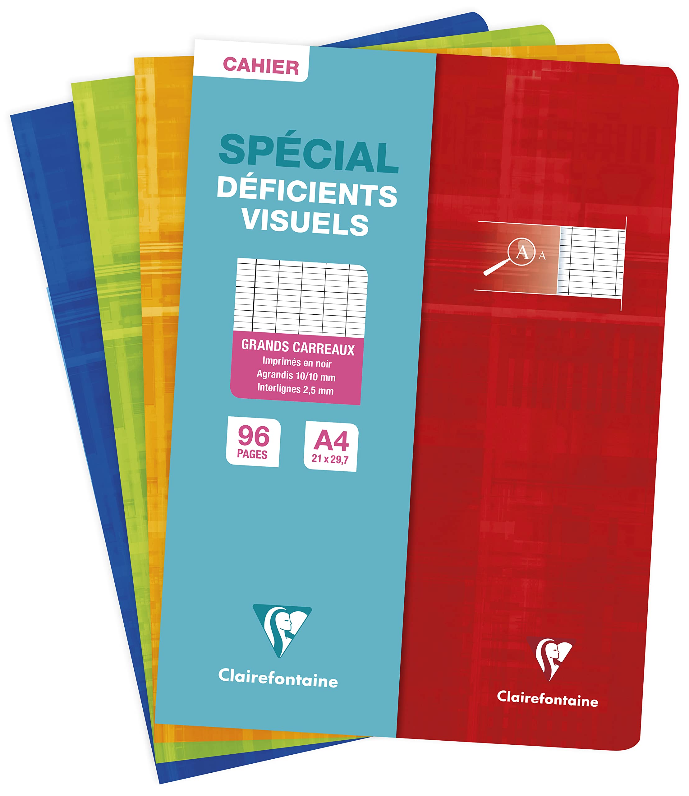 Clairefontaine 63996C Stapled Notebook for the Visually Impaired A4 21x29,7 - 96 Pages Seyes 2,5mm Enlarged 10/10 - White Paper 90g - Card Cover Random Colour