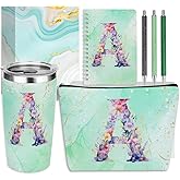 Personalized Gifts Monogrammed Birthday Gifts for Women, Bridesmaid Bachelorette Party Appreciation Christmas Initial 20 oz Tumbler, Makeup Bag Pens Journal Notebook 6 Set, (Aesthetic Green Flower A)