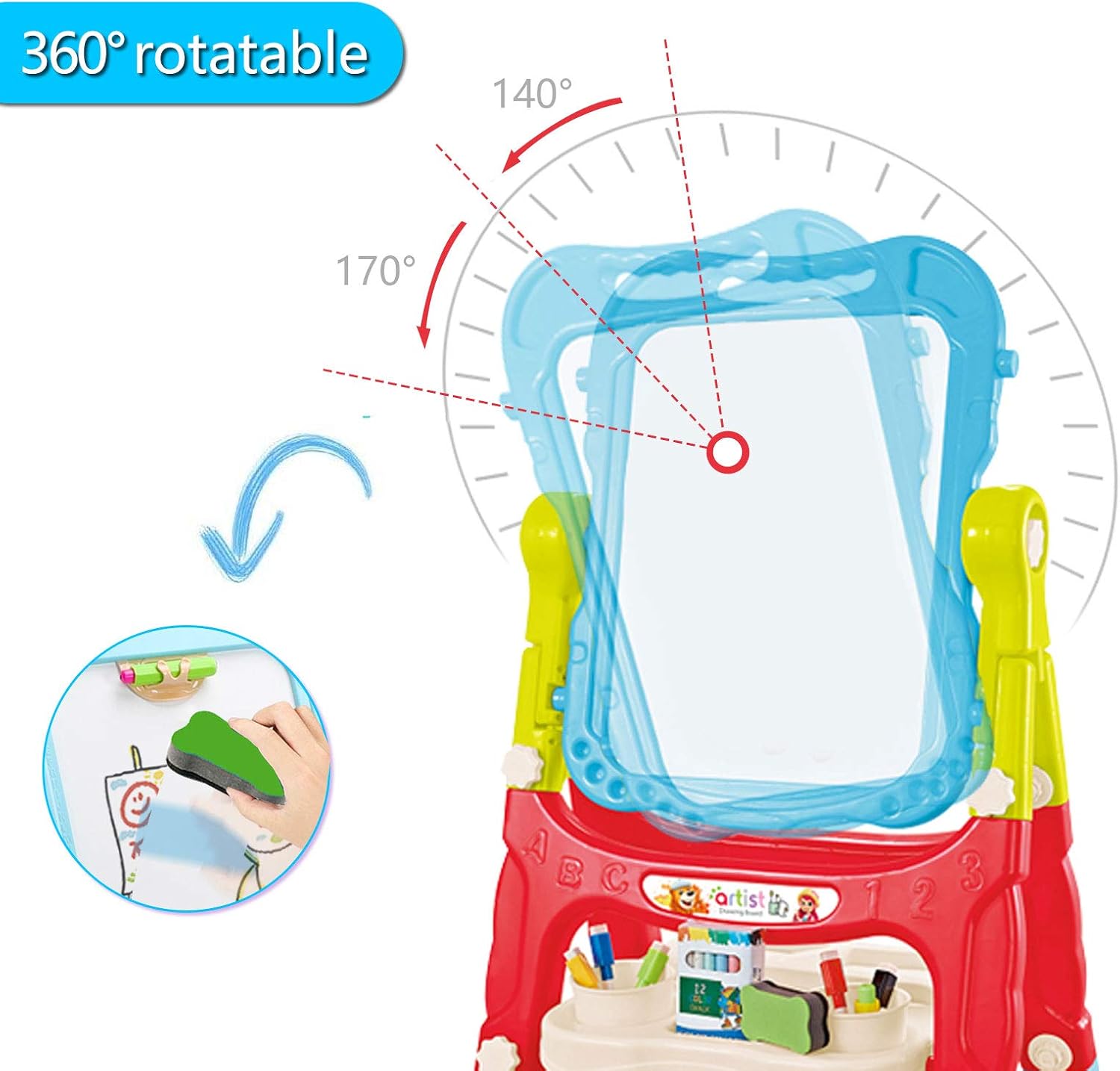 Mojitodon Easel for Kids,Rotatable Double Sided Easel for Kids Adjustable Standing Art Easel with Painting Accessories for Toddlers Boys and Girls-Blue: Home & Kitchen
