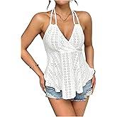 WDIRARA Women's Halter Hollow Out Blouse V Neck Tie Back Ruffled Hem Tops Summer Casual Shirts