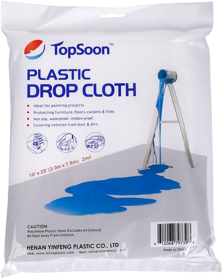 TopSoon Heavy Duty Paint Plastic Drop Cloth Clear Plastic Tarp Waterproof Larger Size 10-Feet by 25-Feet All Purpose - - 