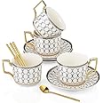 CwlwGO-European Style Ceramic Coffe Cup and Saucer Sets, 7 Oz Bone China Beautifully Glazed Blue Gold Tea Cup Set, Golden Spoon,Cappuccino, Latte, Suitable For Women's Gifts (4 pack).……